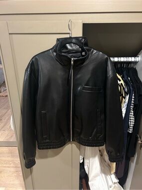 Aritzia Black Funnel Neck Unreal Leather Bomber Jacket